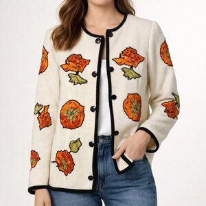 Vintage Anne French Floral Knit Cardigan Sweater Cream Poppy Print  8 Medium